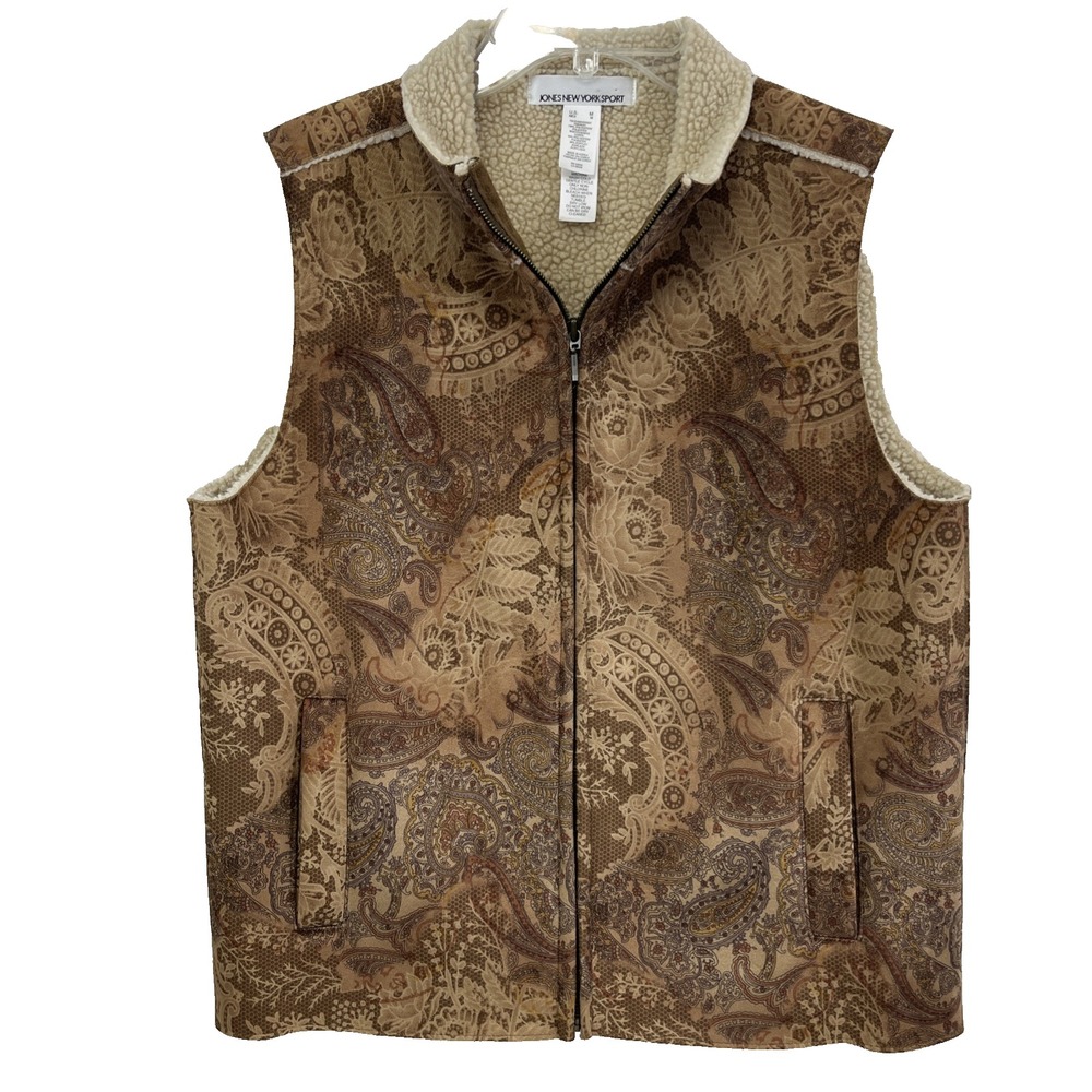VTG Jones New York Sport Women's Vest Size M Brown Paisley Sherpa Lined Zip